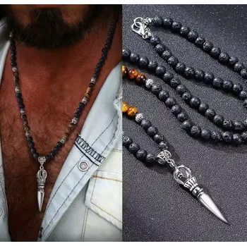Náhrdelník B-TOP Pánský náhrdelník s lávovými korálky, tygřím okem a přívěskem Dýky