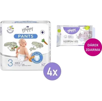 Plena 4x Bella Happy Pants 3 midi ( 6-11 kg ) 26 ks + Bella Happy Vlhčené ubrousky 24ks