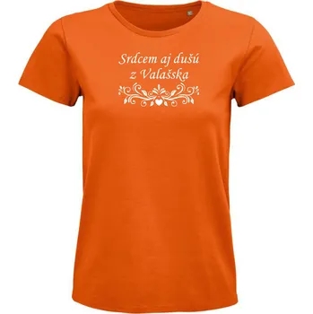Dámské tričko Dámské tričko "Srdcem aj dušú z Valašska" Velikost: L, Barva: Oranžová s bílou