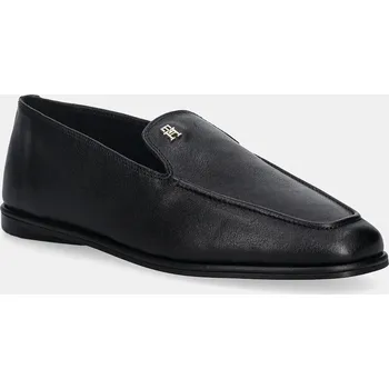 Dámské mokasíny Kožené mokasíny Tommy Hilfiger TH LEATHER LOAFER dámské, černá barva, na plochém podpatku, FW0FW09319 99X, EUR 39