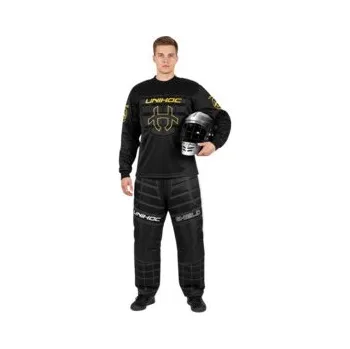 Florbalový dres Unihoc SHIELD black set with HELMET Brankářský set s přilbou L, bílá / černá / zlatá