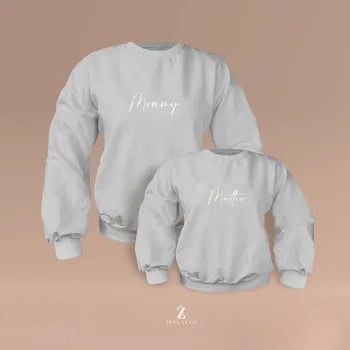 Kojenecké oblečení Set mikin s balonovými rukávy a výšivkou MOMMY a JMÉNA DÍTĚTE Barva: Šedá, Velikost dítě: 5-6 let, Velikost máma: M-L