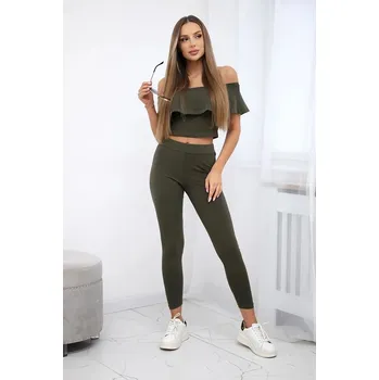 Komplet kalhoty+top s volány khaki