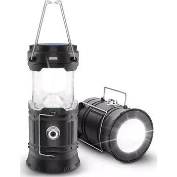 kempingová lampa Interlook HWL-001-EU | LED solární kempingové světlo, turistická svítilna s funkcí powerbanky | Černá