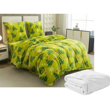 Povlečení Sada mikroplyšového povlečení CHRISTMAS TREE zelené + prostěradlo mikroplyš SOFT 180x200 cm bílé, dvoulůžko