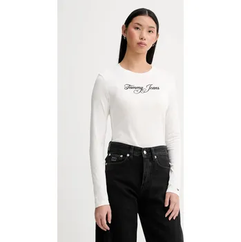 Bavlněné tričko s dlouhým rukávem Tommy Jeans béžová barva, DW0DW21844 00X, vel. XL