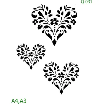 Plastová šablona pro malování - Srdce a věnečky - Tři srdce (Q031) - A3 , Nelepící folie