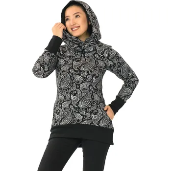 Dámská mikina Himalife Mikina s maxi kapucí Paisley - černá s metalickou stříbrnou Velikost: 3XL - Móda pro plnoštíhlé, Oblečení nadměrné velikosti