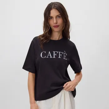 Dámské tričko Reserved - Tričko s vyšívaným nápisem - tmavě hnědá - 458GA-89X - 458GA-89X-L