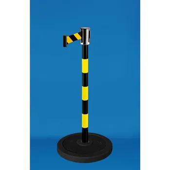 Plotový sloupek EXPOINT Zahrazovací průmyslový sloupek žlutý s pruhy a pásem 2,7m a 4,5 m, žlutý s gumovou základnou Název: žluto-černý sloupek, hlavice stříbrná, podstava gumová, barva pásky žluto-černá, délka 4,2m