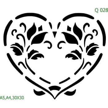 Plastová šablona pro malování - Srdce a věnečky - Srdce s květinami (Q028) - A4 , Lepící fólie
