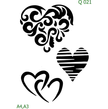 Plastová šablona pro malování - Srdce a věnečky - Tři srdce (Q021) - A3 , Lepící fólie