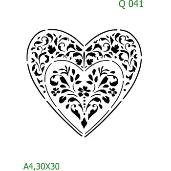 Plastová šablona pro malování - Srdce a věnečky - Srdce s ornamenty (Q041) - 30 x 30 cm , Nelepící folie