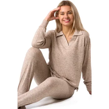 Dámské pyžamo Dámské pyžamo z měkkého hřejivého úpletu, dlouhý rukáv a nohavice, béžové melírové 1B2354 béžová xl