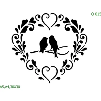 Plastová šablona pro malování - Srdce a věnečky - Věneček s ptáky (Q015) - A4 , Nelepící folie