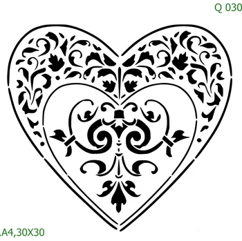 Plastová šablona pro malování - Srdce a věnečky - Srdce s ornamenty (Q030) - 30 x 30 cm , Lepící fólie