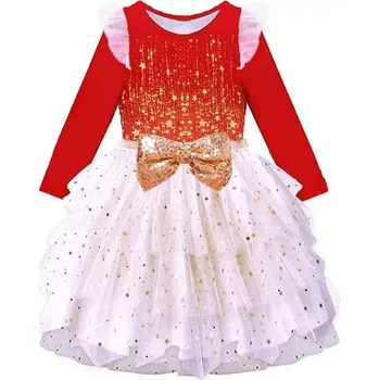 Dívčí šaty Vikita dívčí šaty s dlouhým rukávem Winter hvězdy- červené 4