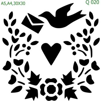 Plastová šablona pro malování - Srdce a věnečky - Věneček s ptáčkem (Q020) - 30 x 30 cm , Nelepící folie