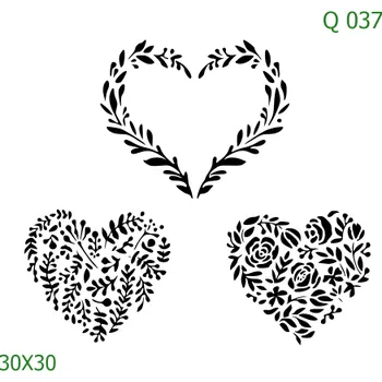 Plastová šablona pro malování - Srdce a věnečky - Tři listnaté srdce (Q037) - 30 x 30 cm , Nelepící folie