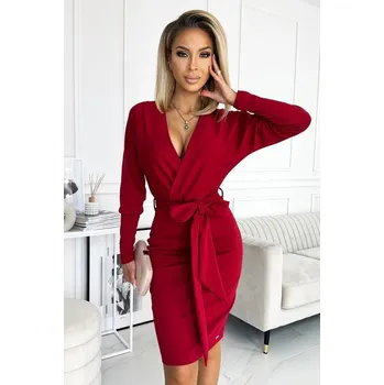 Dámské šaty 401-1 CELIA Kopertowa sukienka z dekoltem na plecach - BORDOWA L