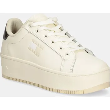 Dámské tenisky Kožené sneakers boty Tommy Jeans TJW FLATFORM SNEAKER METALLIC béžová barva, EN0EN02711 01X, EUR 40