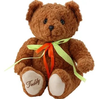 plyšák Plyšová Hračka Mazlíček Medvěd Zeleně-Červená Mašle Hnědý 30cm