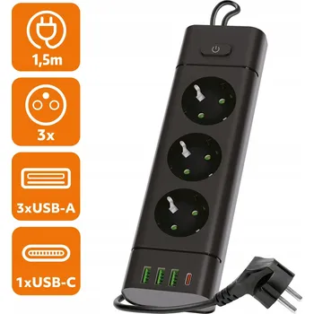 Napájecí kabel Prodlužovací Kabel Zásuvková Lišta Vypínač 3 zásuvky + 3USB/1USB-C/1,5 m/Zu+W