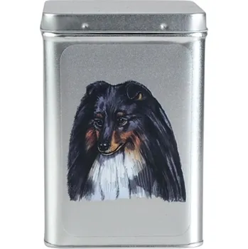 Dóza na potraviny Plechová dóza s obrázkem psa plemene šeltie tricolor
