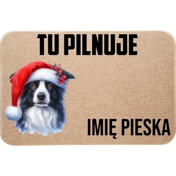 Rohožka VÁNOČNÍ LNOVÁ VSTUPNÍ ROHOŽKA TADY HLÍDÁ + JMÉNO border kolie