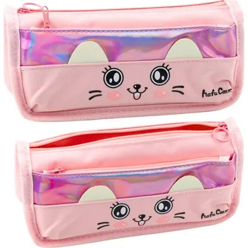 Penál Školní penál s kočkou, dvě kapsy, růžový, 21,5 cm