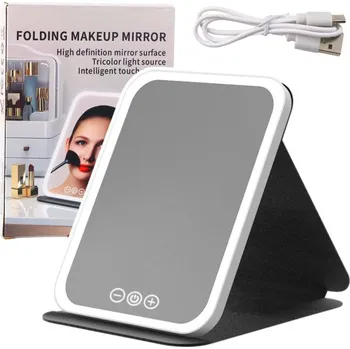 Zrcadlo LED Zrcátko Pouzdro Se Stojánkem 3 Režimy Osvětlení Regulace Jasnosti 23cm