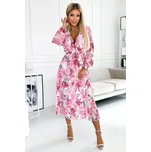 433-1 GAJA Plisované midi šaty s výstřihem a dlouhým rukávem – RŮŽOVÉ KVĚTY NA BÍLÉM PODKLADU UNI
