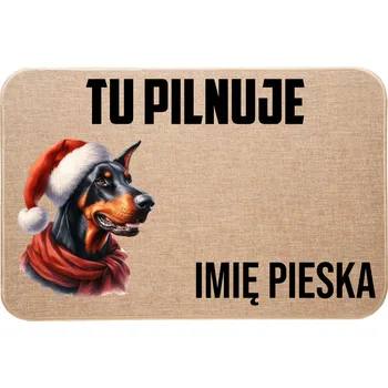 Rohožka VÁNOČNÍ LNOVÁ VSTUPNÍ ROHOŽKA TADY HLÍDÁ + JMÉNO (Doberman)