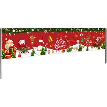 Vánoční dekorace Vánoční banner 200 x 40 cm Červený polyesterový závěs se zasněženou krajinou a stromky s bílým nápisem Merry Christmas pro výzdobu domu