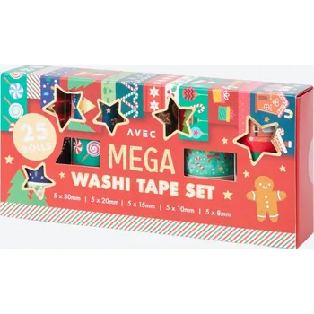 Lepicí páska AVEC - Dekorační Páska WASHI Vánoční vzory - sada 25 ks