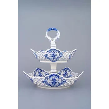 Talíř Cibulák Etažér 2-dílný mísy pětihranné prolamované porcelán tyčka 27 cm originální cibulákový porcelán Dubí, cibulový vzor,