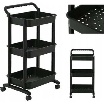 regál Kuchyňský vozík regál koupelnový pomocný na kolečkách plastový 3 police černý
