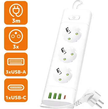 Napájecí kabel Prodlužovací Kabel Zásuvková Lišta Vypínač 3 zásuvky + 3USB/1USB-C/3m/Zu+W
