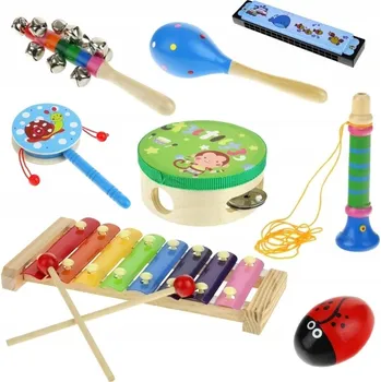 Hudební nástroj pro děti DŘEVĚNÉ HUDEBNÍ NÁSTROJE PRO DĚTI SADA: CYMBÁLY, BUBNÍK, CHRASTÍTKA