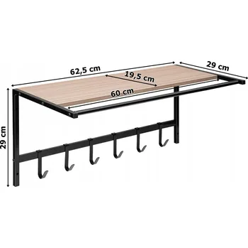 Věšák Nástěnný kovový věšák černý s poličkou a 6 háčky