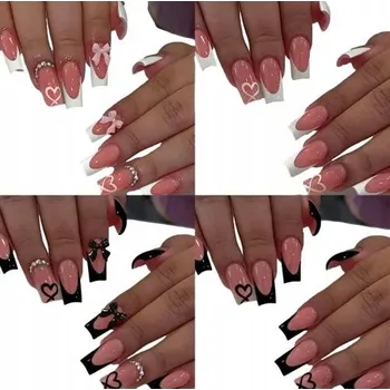 Umělé nehty 4x UMĚLÉ NEHTY TIPY DLOUHÉ ČTVERCE MAŠLIČKY 3D FRENCH BÍLÉ ČERNÉ