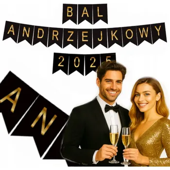 GIRLANDA BANNER NÁPIS ANDRZEJKOVÝ PLES 2023 ČERNÝ ZLATÝ SVATOONDŘEJSKÁ NOC