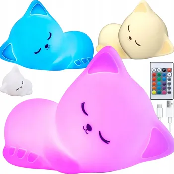 Noční světlo KOČKA NOČNÍ LAMPA PRO DĚTI LED RGB SILIKONOVÁ AKUMULÁTOR USB DÁLKOVÉ OVLÁDÁNÍ