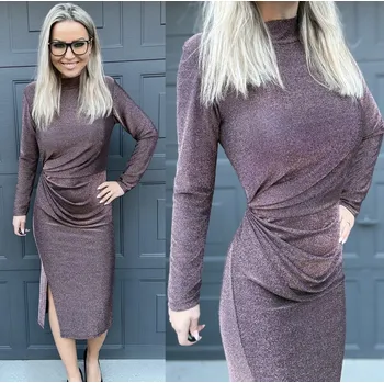 Dámské oblečení Třpytivé šaty s rozparkem PARTY Hnědá