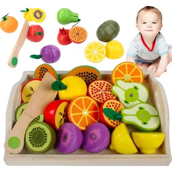 Dřevěná hračka ZELENINA A OVOCE NA MAGNET DŘEVĚNÁ SADA K ROZŘEZÁNÍ PRO DĚTI + BEDÝNKA