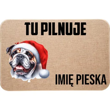 Rohožka LNIANÁ VÁNOČNÍ ROHOŽKA KE VCHODOVÝM DVEŘÍM TADY HLÍDÁ + JMÉNO Buldok