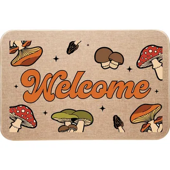 Rohožka Lněná rohožka před dveře s barevným podzimním potiskem Welcome a houbami
