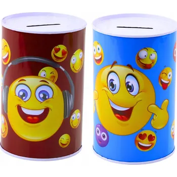 Pokladnička KOVÁNÍ PRASÁTKO PRO DĚTI PLECHOVKA NA PENÍZE SMAJLÍCI MODRÁ