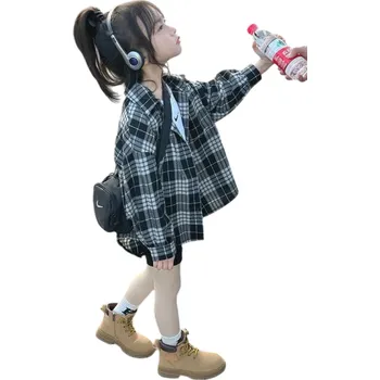 Dívčí košile Dívčí černá kostkovaná košile s dlouhým rukávem Bavlněné tričko s límečkem a knoflíky Stylová košile pro dívky do školy i na volný čas 5