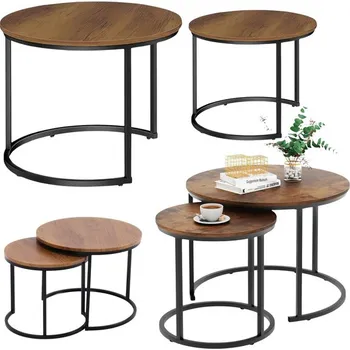 Konferenční stolek Sada kulatých konferenčních stolků 2v1 Vintage přírodní dřevo 70x50cm 45x44cm